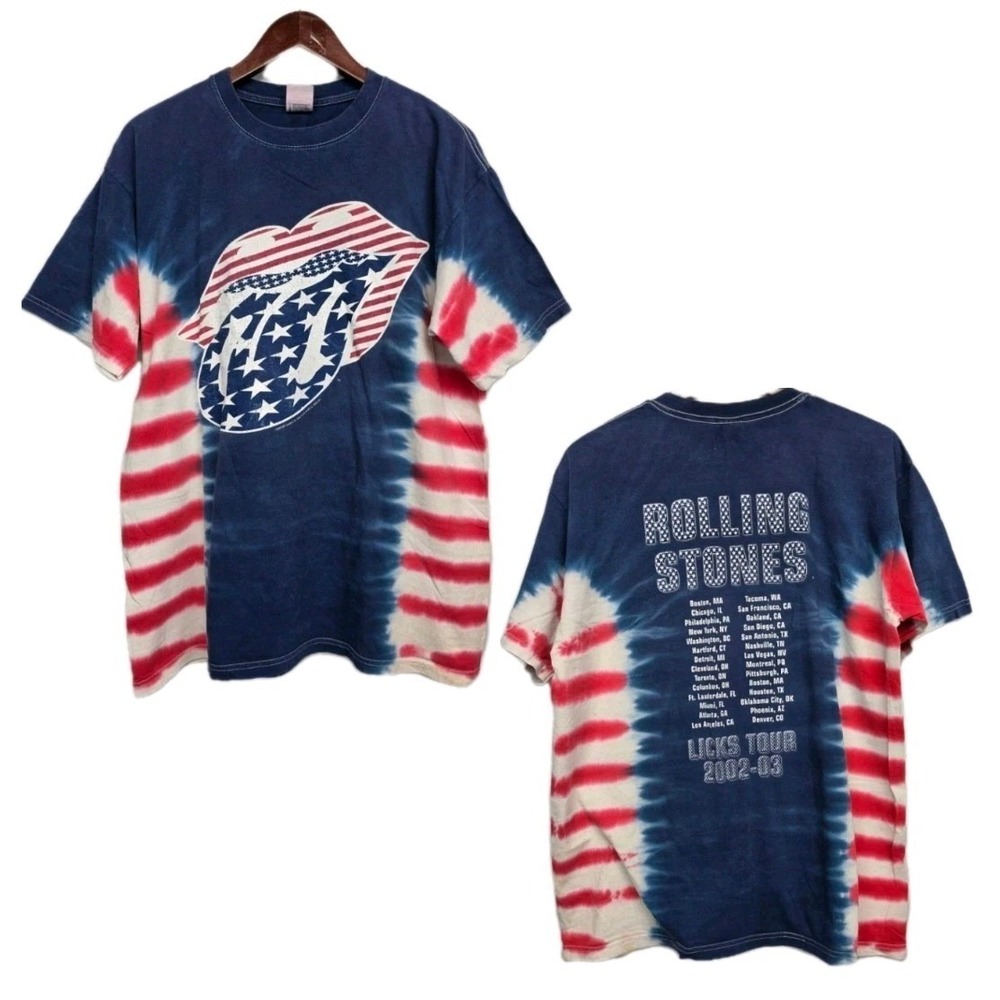 VTG 2002 Rolling Stones T-Shirt L Red White Blue Licks Tour Y2K Distressed 3252